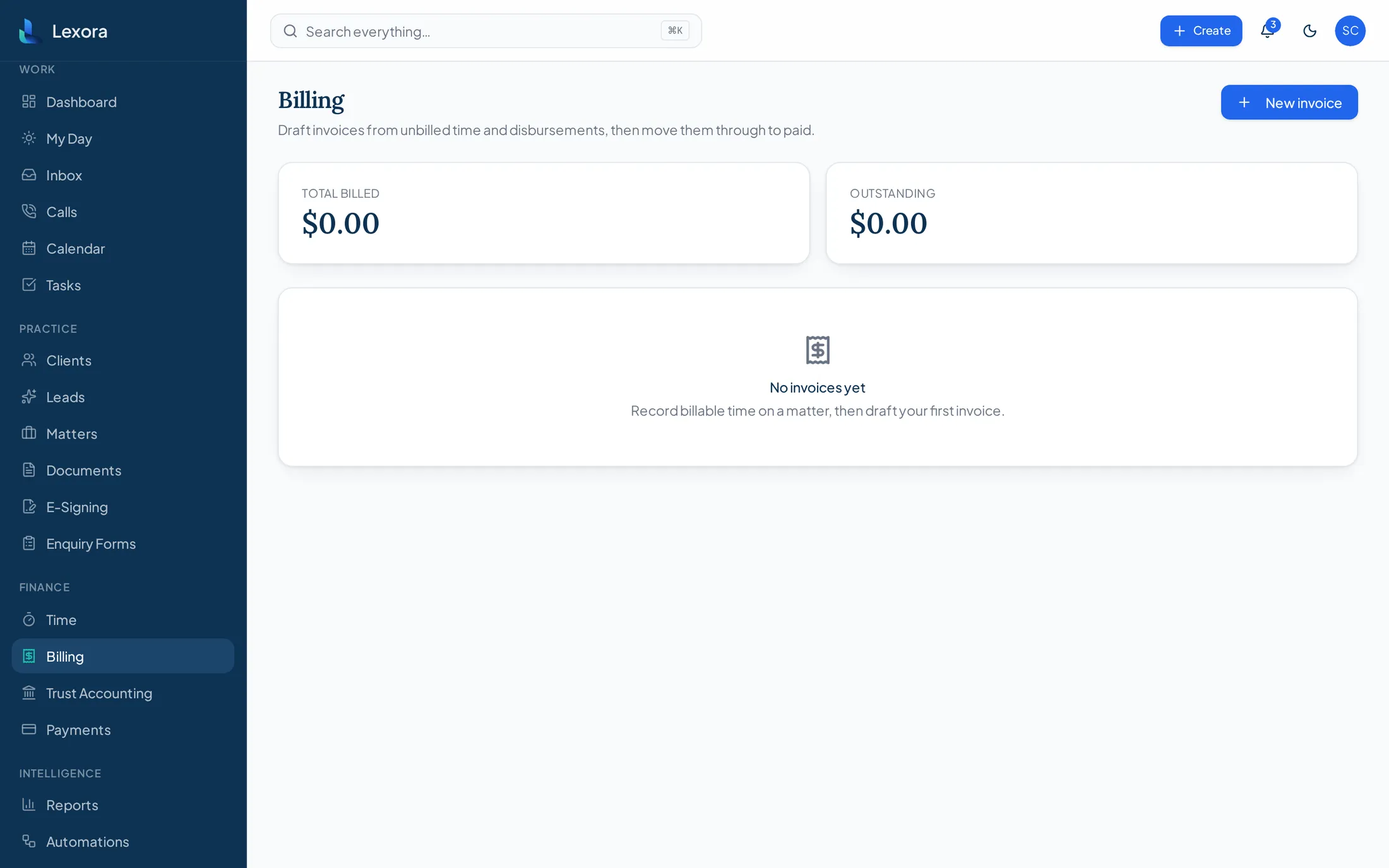 Lexora billing screen showing invoices, amounts and outstanding balances with demonstration data