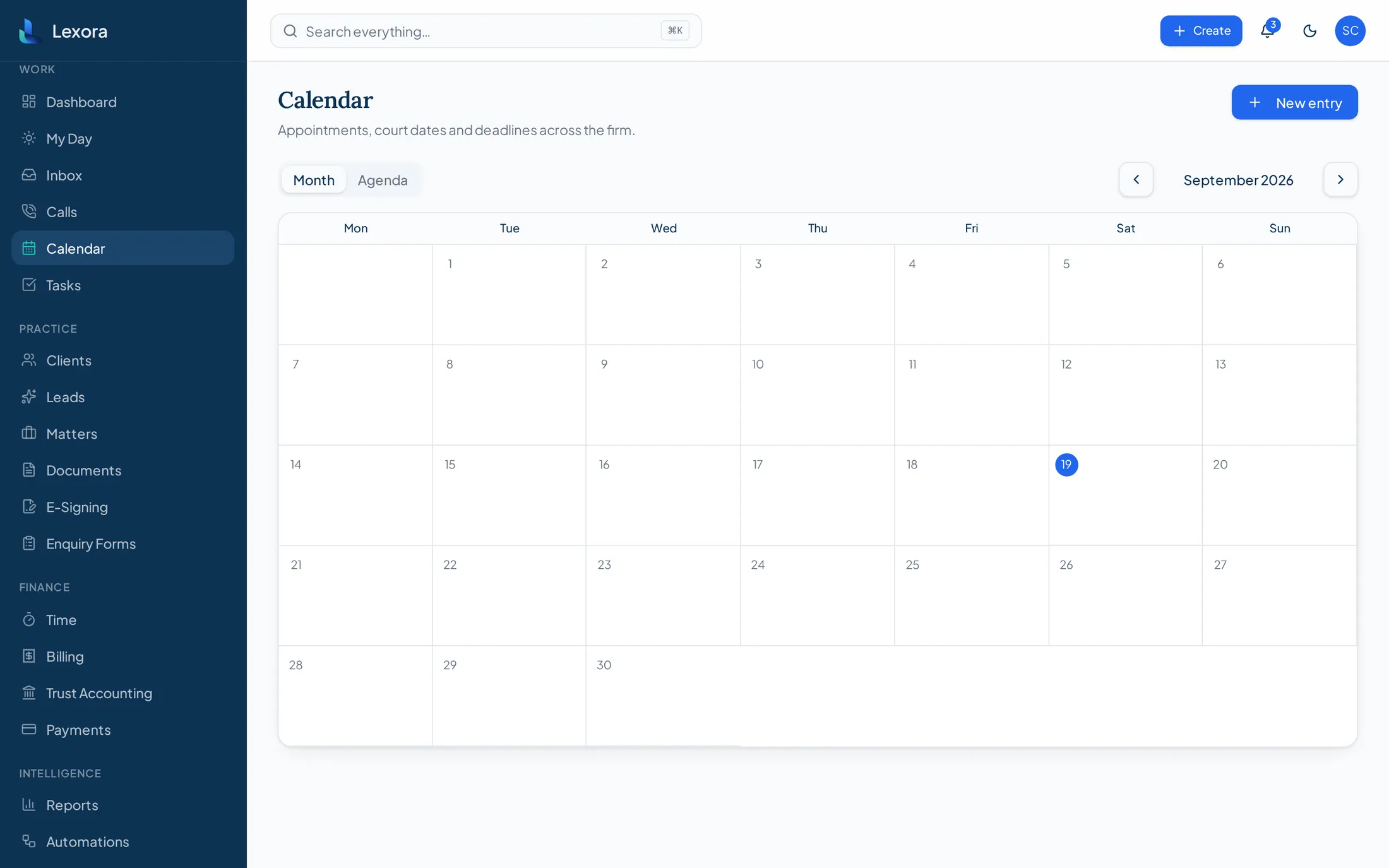 Lexora calendar screen showing firm appointments and matter key dates