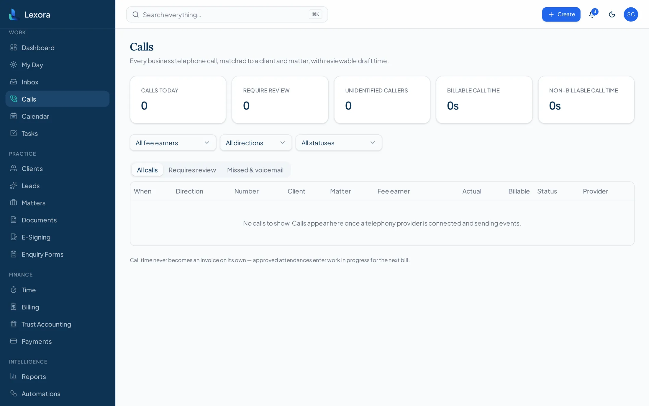 Lexora calls screen listing telephone calls matched to clients and matters with review status
