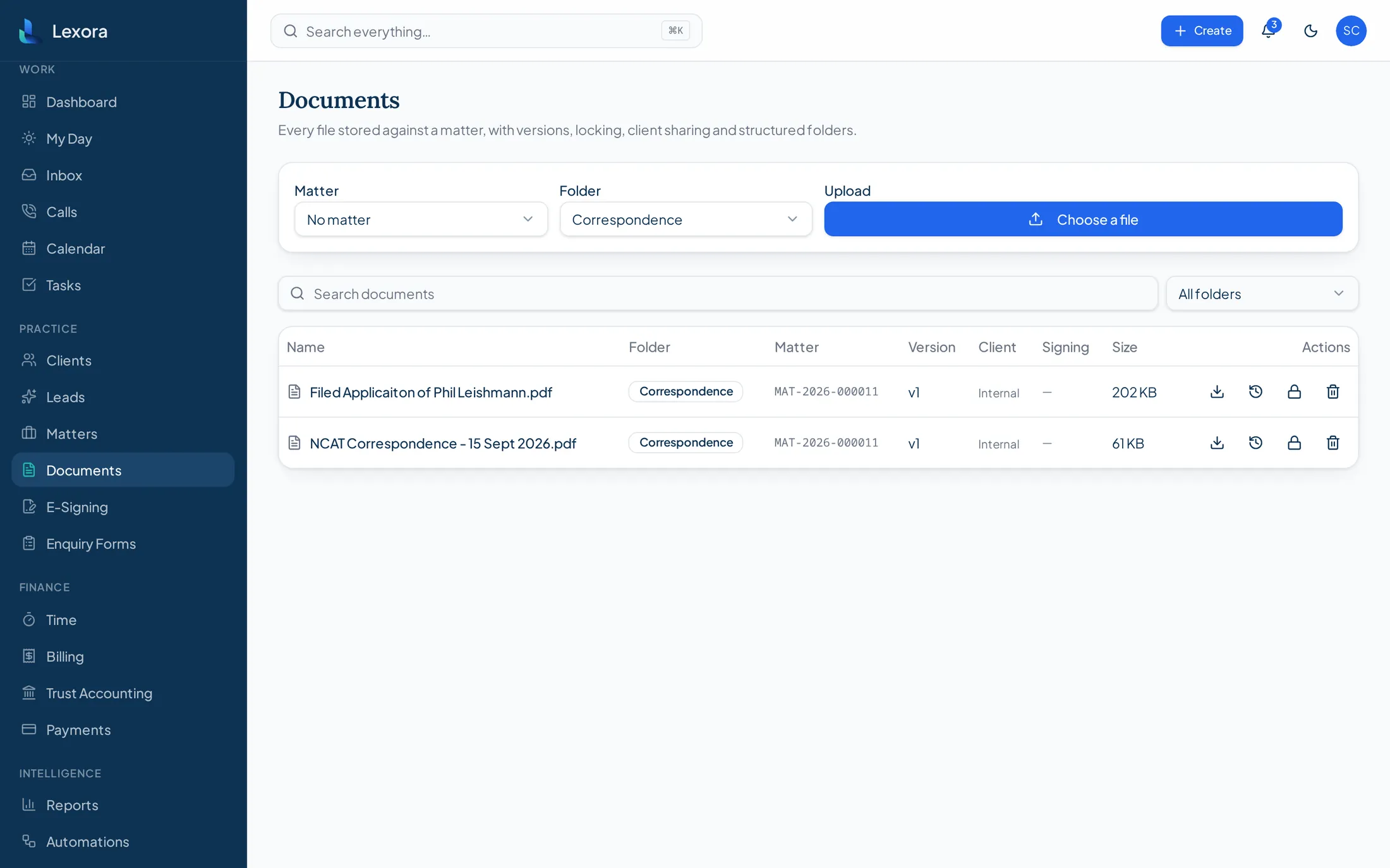 Lexora document management screen listing matter documents with version and activity information
