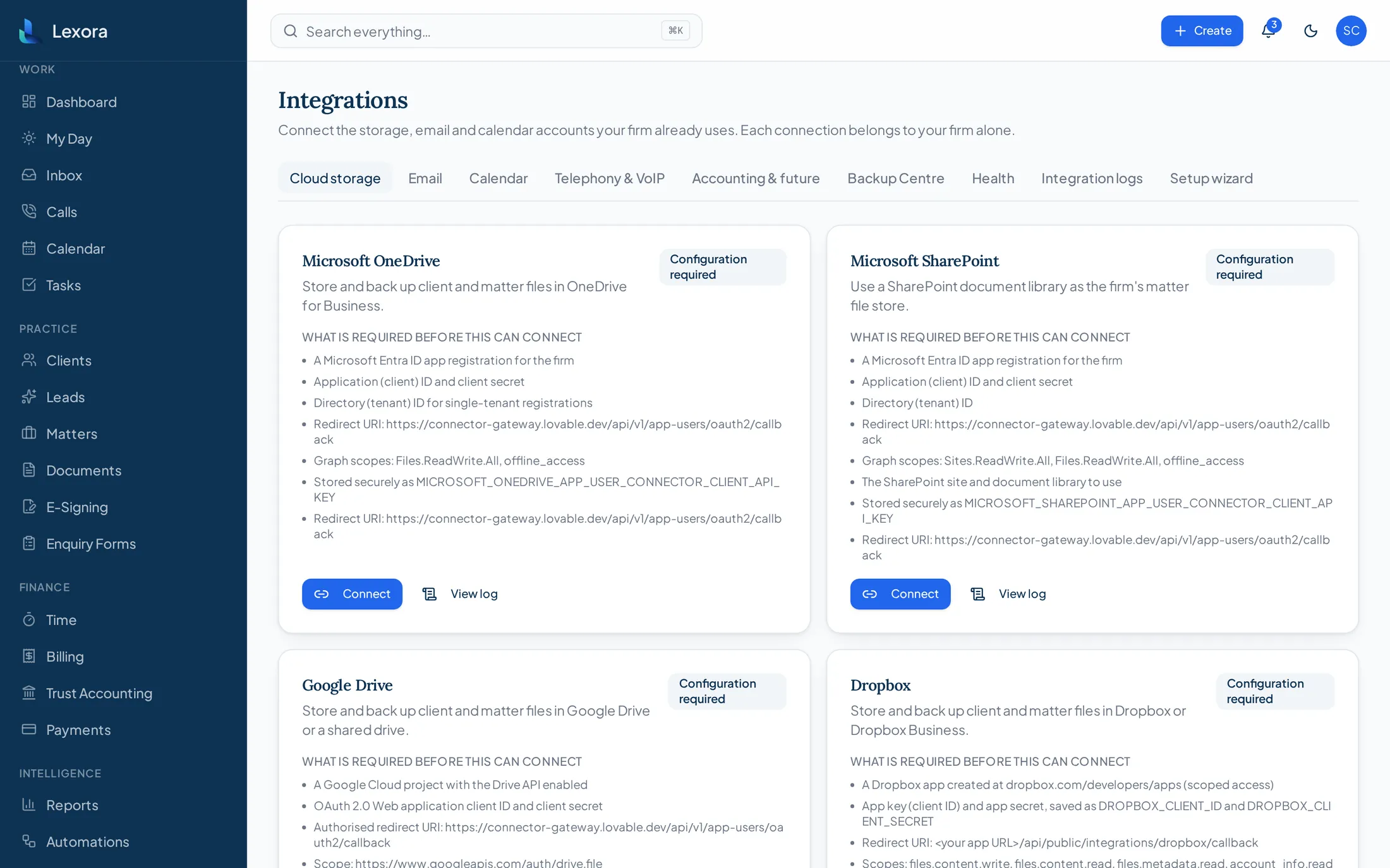 Lexora integrations hub showing cloud storage, email, calendar and telephony connection status