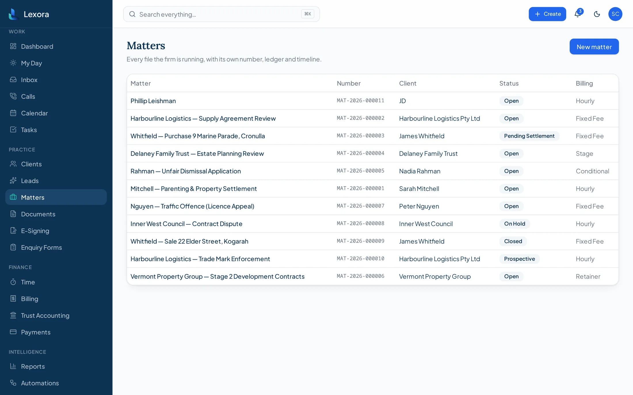 Lexora matters list showing demonstration matters with responsible solicitor and status
