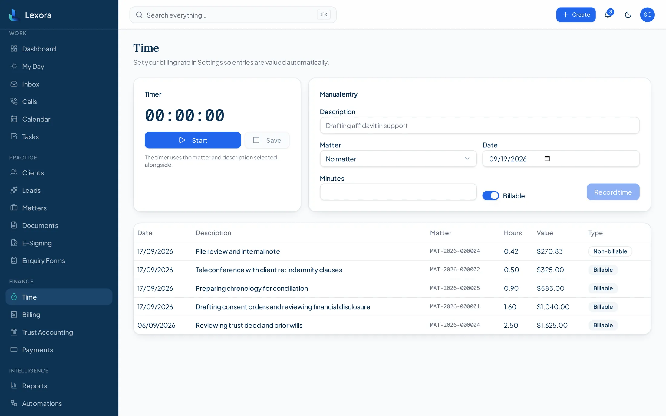 Lexora time recording screen showing recorded and draft time entries against demonstration matters