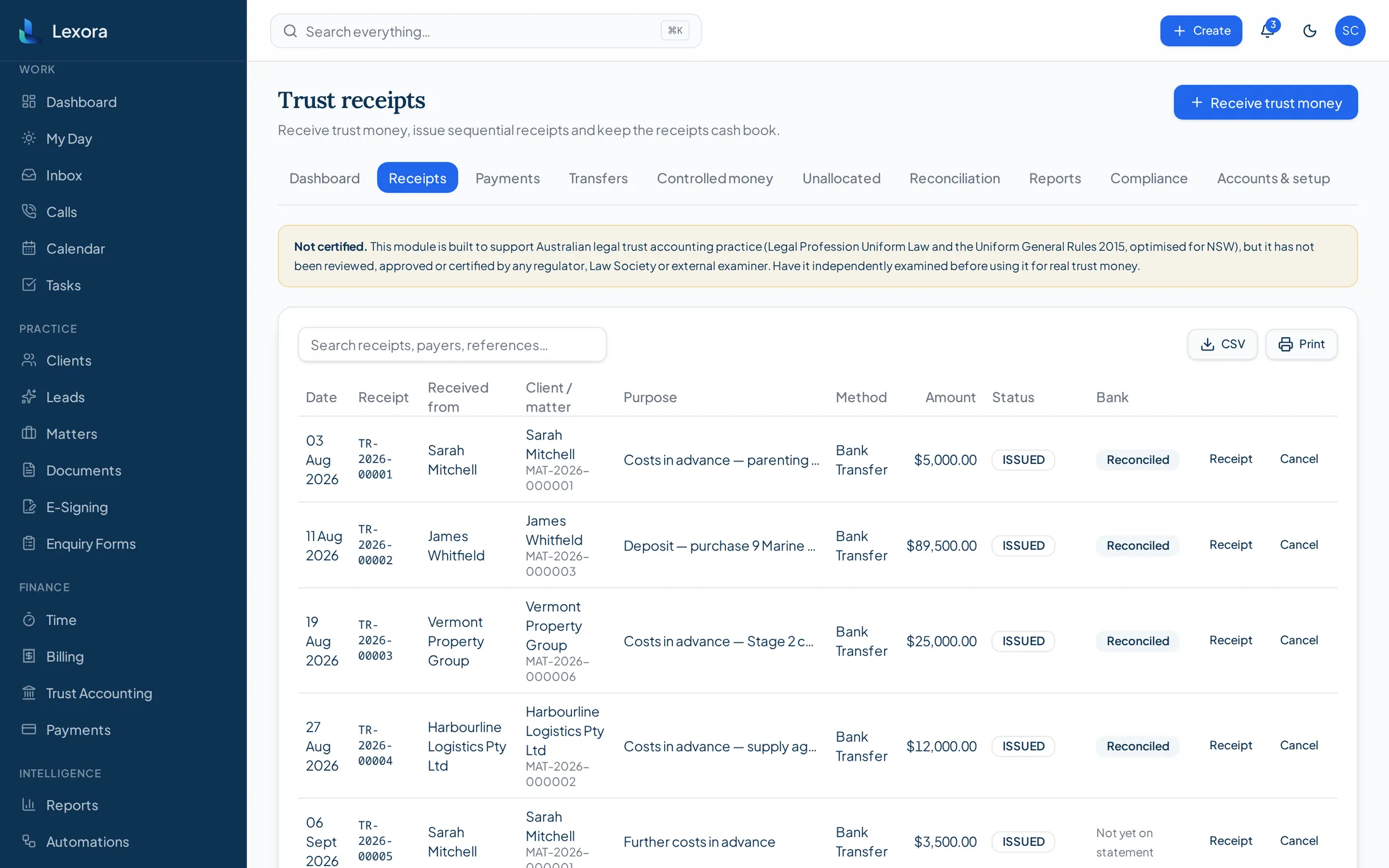 Lexora trust receipts screen showing sequentially numbered receipts for demonstration matters