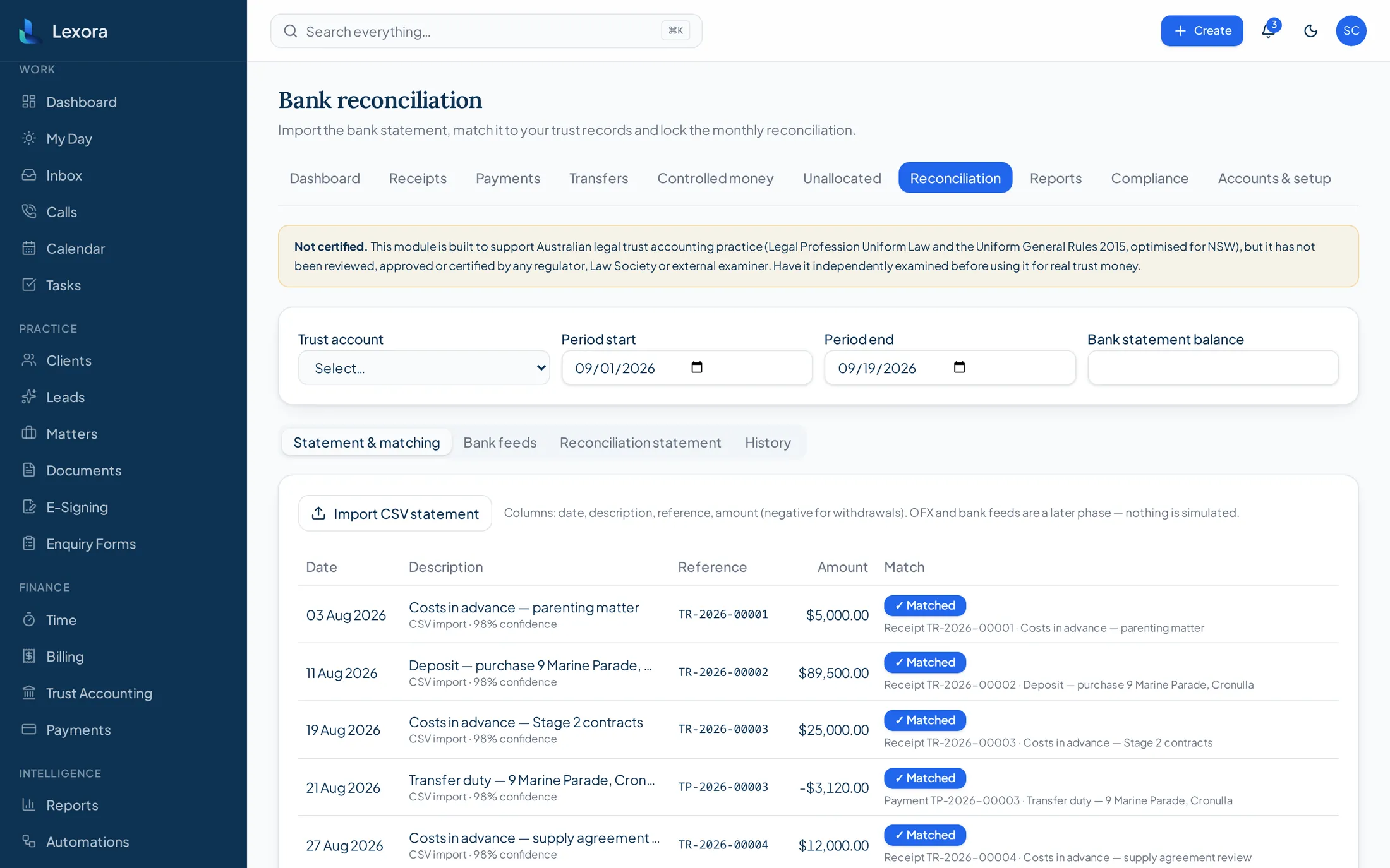 Lexora trust bank reconciliation screen with statement lines matched to trust transactions